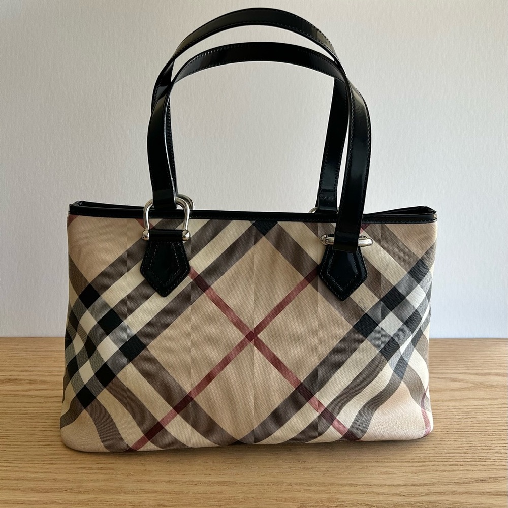 Burberry Nickie Super Nova Check small tote bag with black patent trim